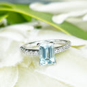 Elegant Emerald Cut Aquamarine and Diamond Band White Gold Ring