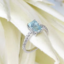 Elegant Emerald Cut Aquamarine and Diamond Band White Gold Ring