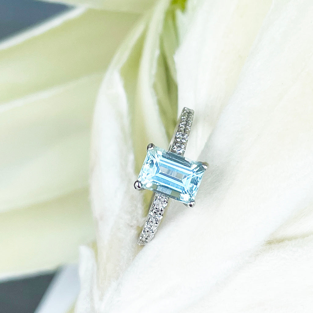 Elegant Emerald Cut Aquamarine and Diamond Band White Gold Ring