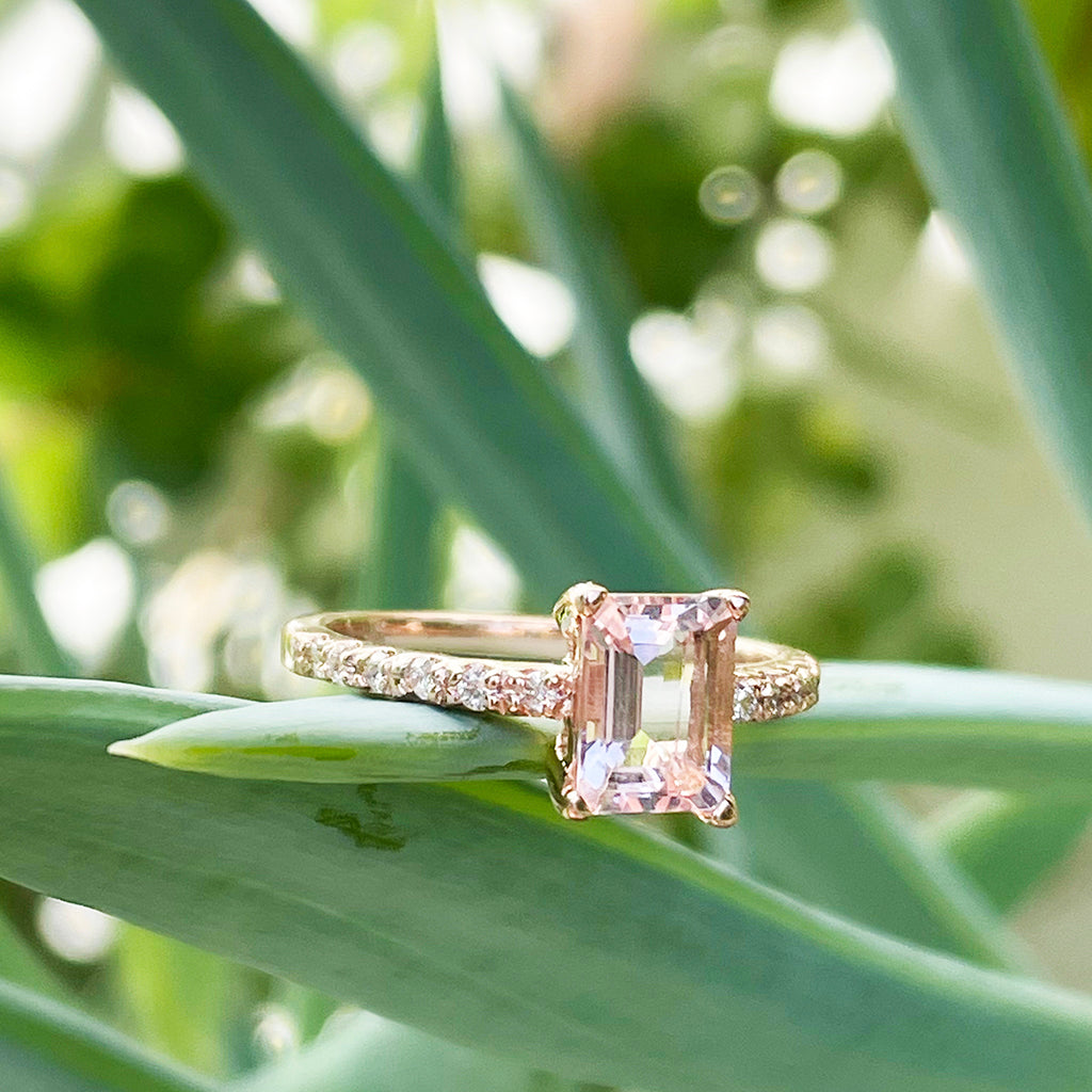 Elegant Emerald Morganite and Diamond Band Rose Gold Ring