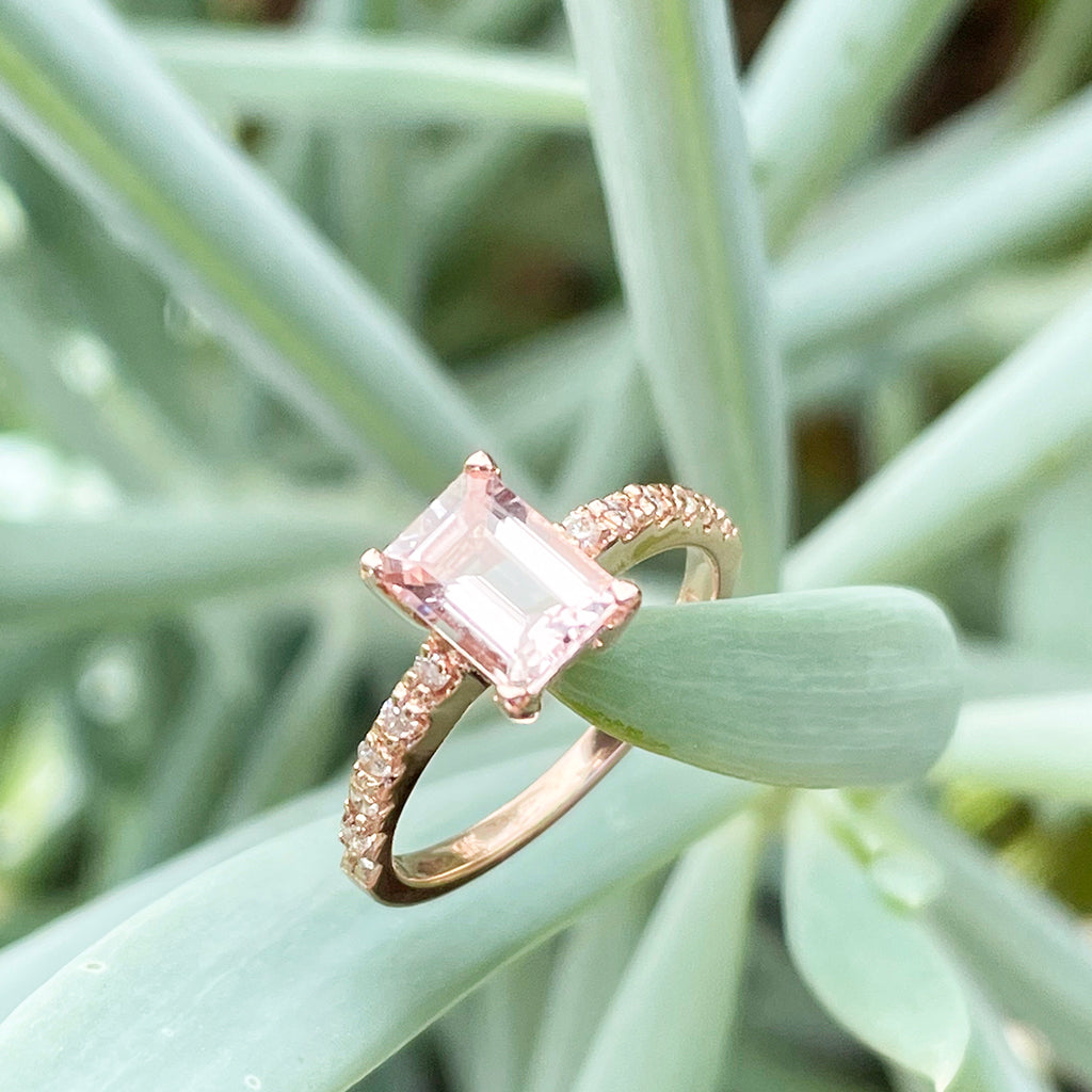 Elegant Emerald Morganite and Diamond Band Rose Gold Ring