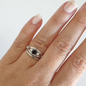 Elegant Filigree Round Cut Black and White Diamond Ring with Clean band Wedding Set