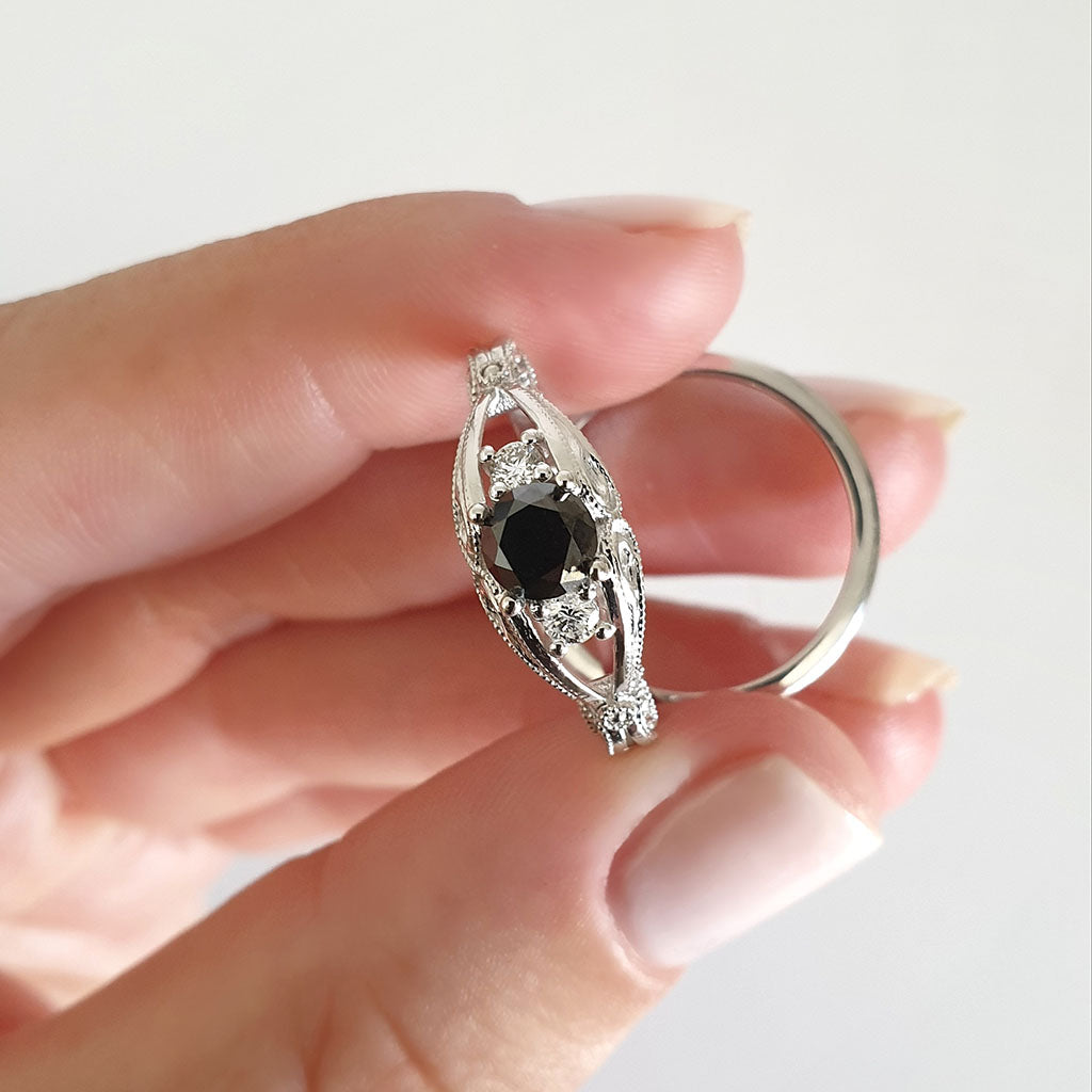 Elegant Filigree Round Cut Black and White Diamond Ring with Clean band Wedding Set