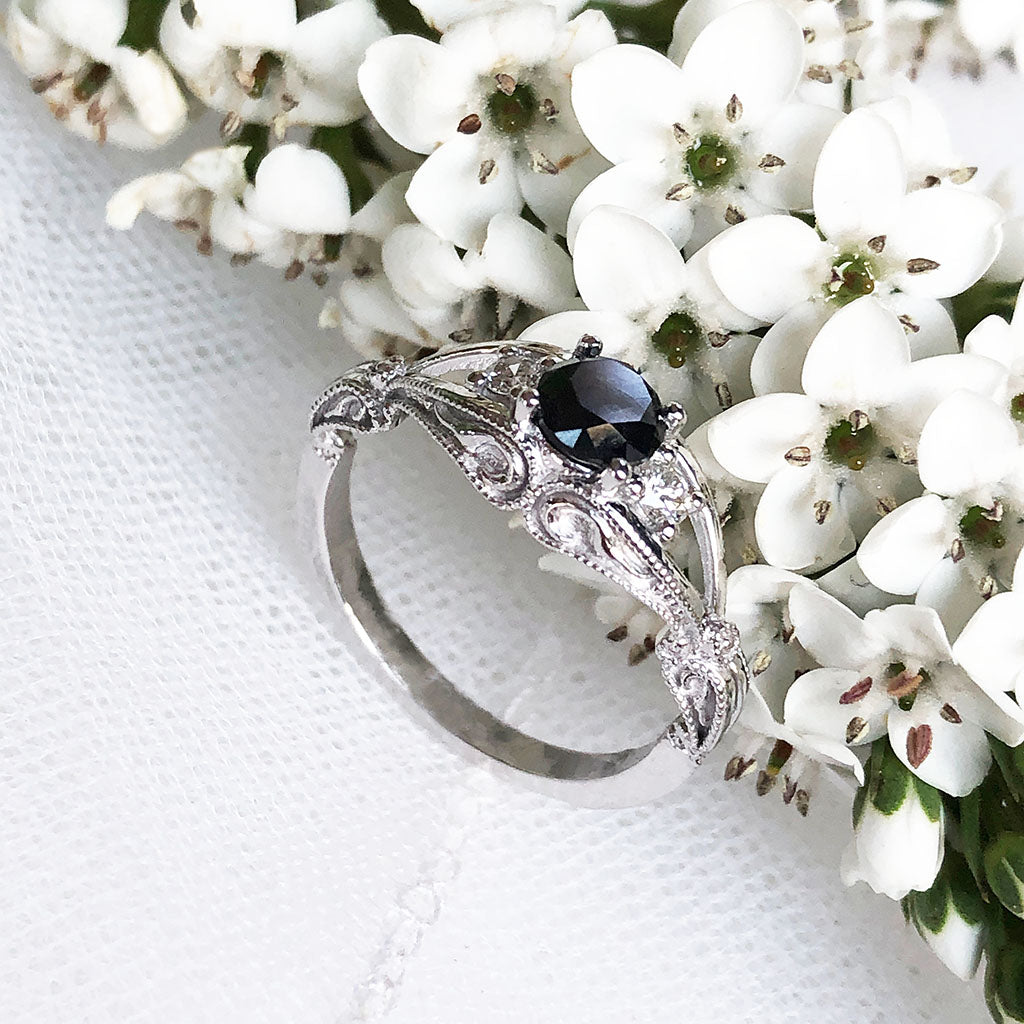 Elegant Filigree Round Cut Black and Whte Diamond Ring with Clean band Wedding Set