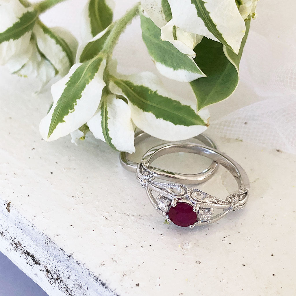 Elegant Filigree Round Cut Ruby and Diamond Ring and Clean band Wedding Set