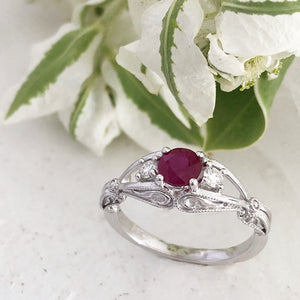 Elegant Filigree Round Cut Ruby and Diamond Ring and Clean band Wedding Set