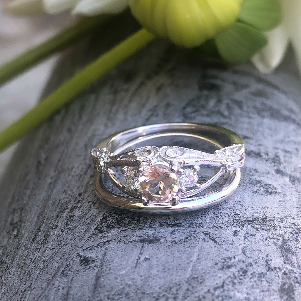 Elegant Oval Filigree Morganite and Diamond Ring and Clean band Wedding Set 