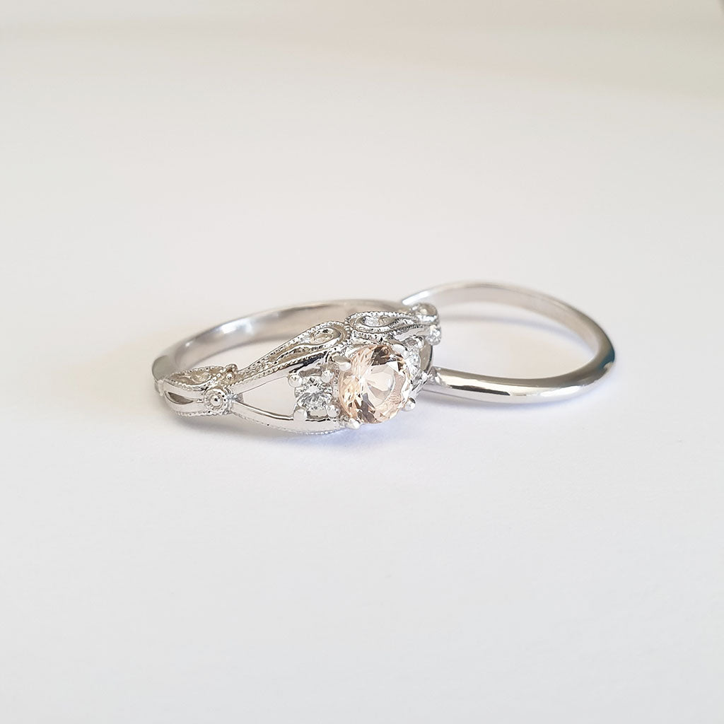 Elegant Oval Filigree Morganite and Diamond Ring and Clean band Wedding Set