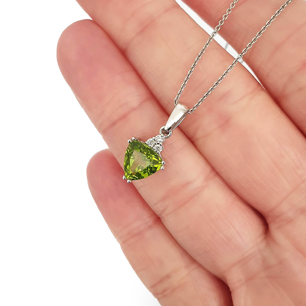  Elegant Trilliant Cut Peridot with Trilogy Diamond Highlight Pendant