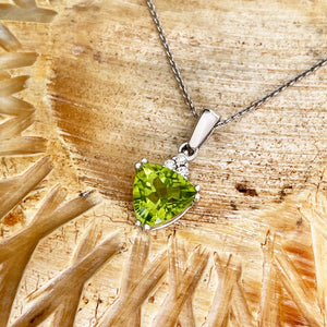 Elegant Trilliant Cut Peridot with Trilogy Diamond Highlight Pendant