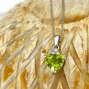 Elegant Trilliant Cut Peridot with Trilogy Diamond Highlight Pendant
