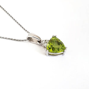  Elegant Trilliant Cut Peridot with Trilogy Diamond Highlight Pendant