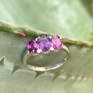 Elegant Trilogy Amethyst and Rhodalite and Diamond Ring