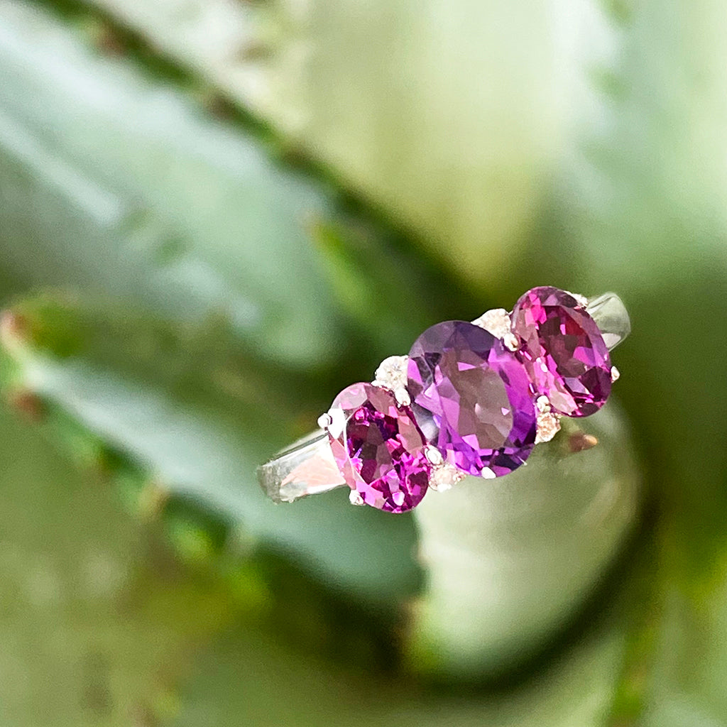 Elegant Trilogy Amethyst and Rhodalite and Diamond Ring