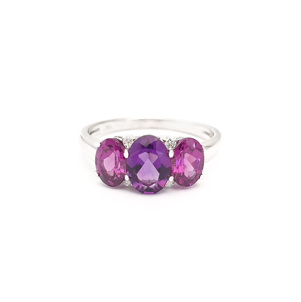 Elegant Trilogy Amethyst and Rhodolite and Diamond Ring