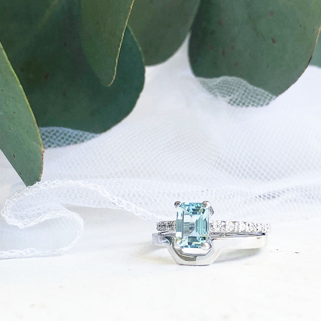 Emerald Cut Aquamarine with Diamond Band Accent and White Gold Wedding Set