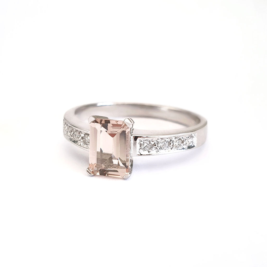  Emerald Cut Morganite with Diamond band accent