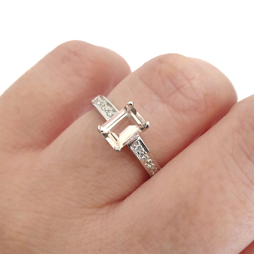  Emerald Cut Morganite with Diamond band accent