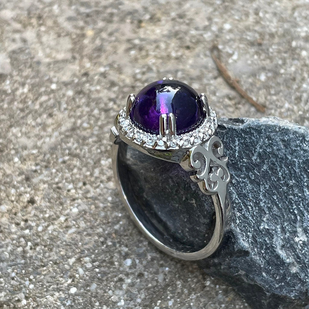 Round Cut Cabochon Amethyst and Diamond Ring