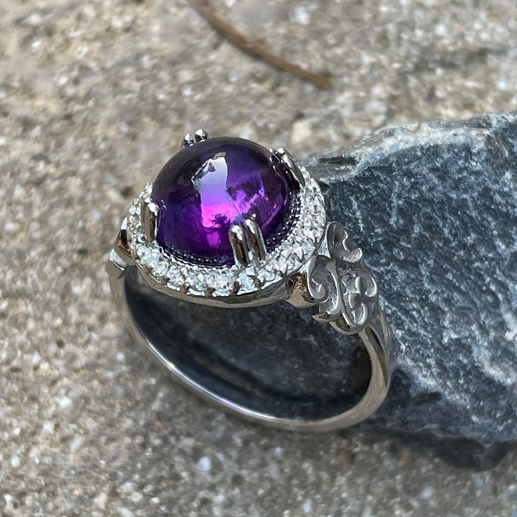 Round Cut Cabochon Amethyst and Diamond Ring