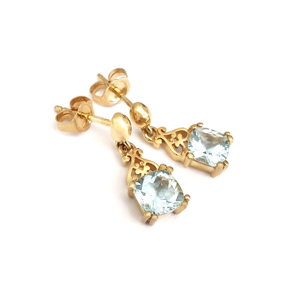   Filigree Bale Aquamarine Yellow Gold Drop Earrings