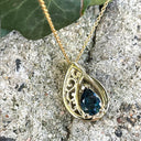 Filigree Yellow Gold London Blue Topaz Droplet Pendant