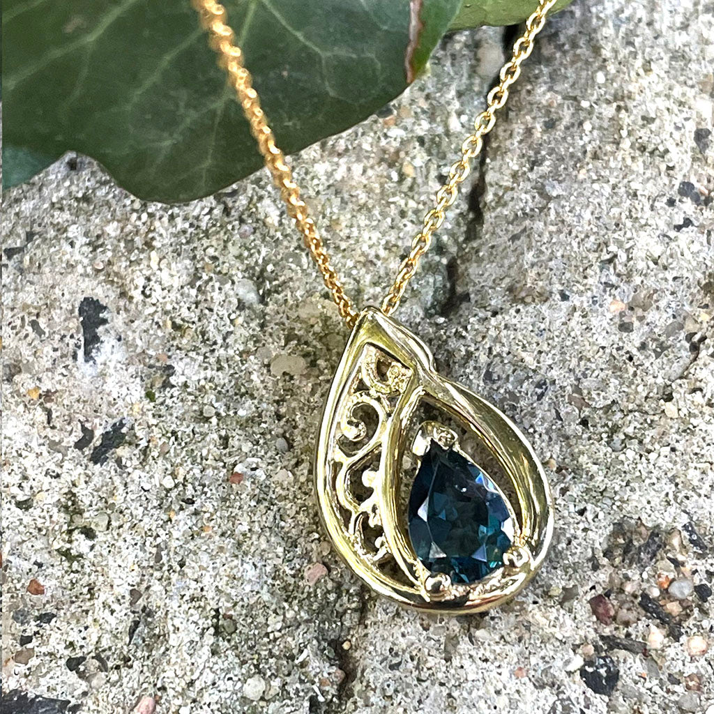 Filigree Yellow Gold London Blue Topaz Droplet Pendant Afrogem Jewellers