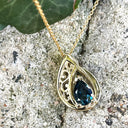 Filigree Yellow Gold London Blue Topaz Droplet Pendant