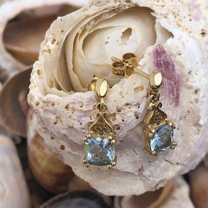 Filigree Bale Aquamarine Yellow Gold Drop Earrings