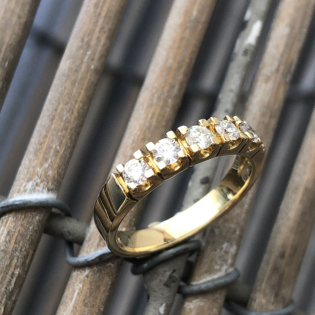 Five Diamond, Four Claw, Yellow Gold Ring