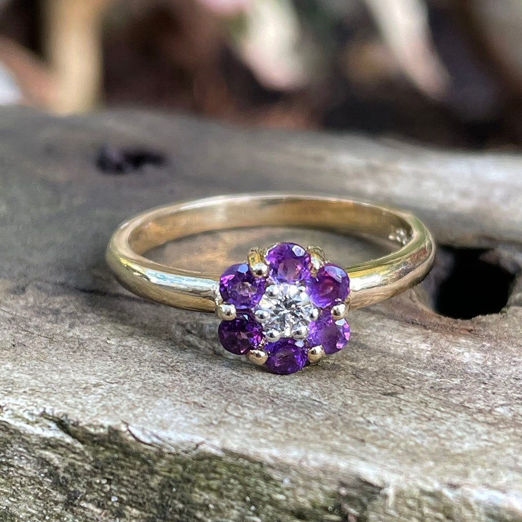 Forget-Me-Not Amethyst and Accent Diamond Cluster Ring
