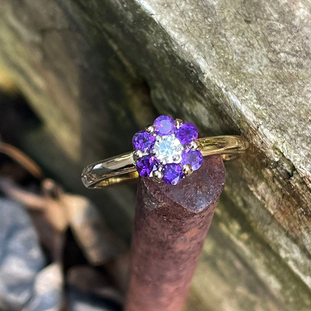 Forget-Me-Not Amethyst and Accent Diamond Cluster Ring
