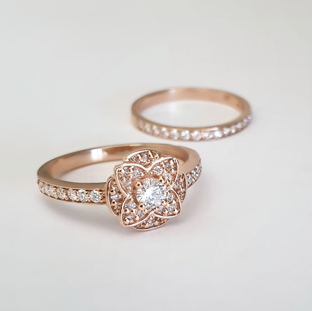 Floral Cluster Rose Gold Diamond and half Eternity Wedding Set
