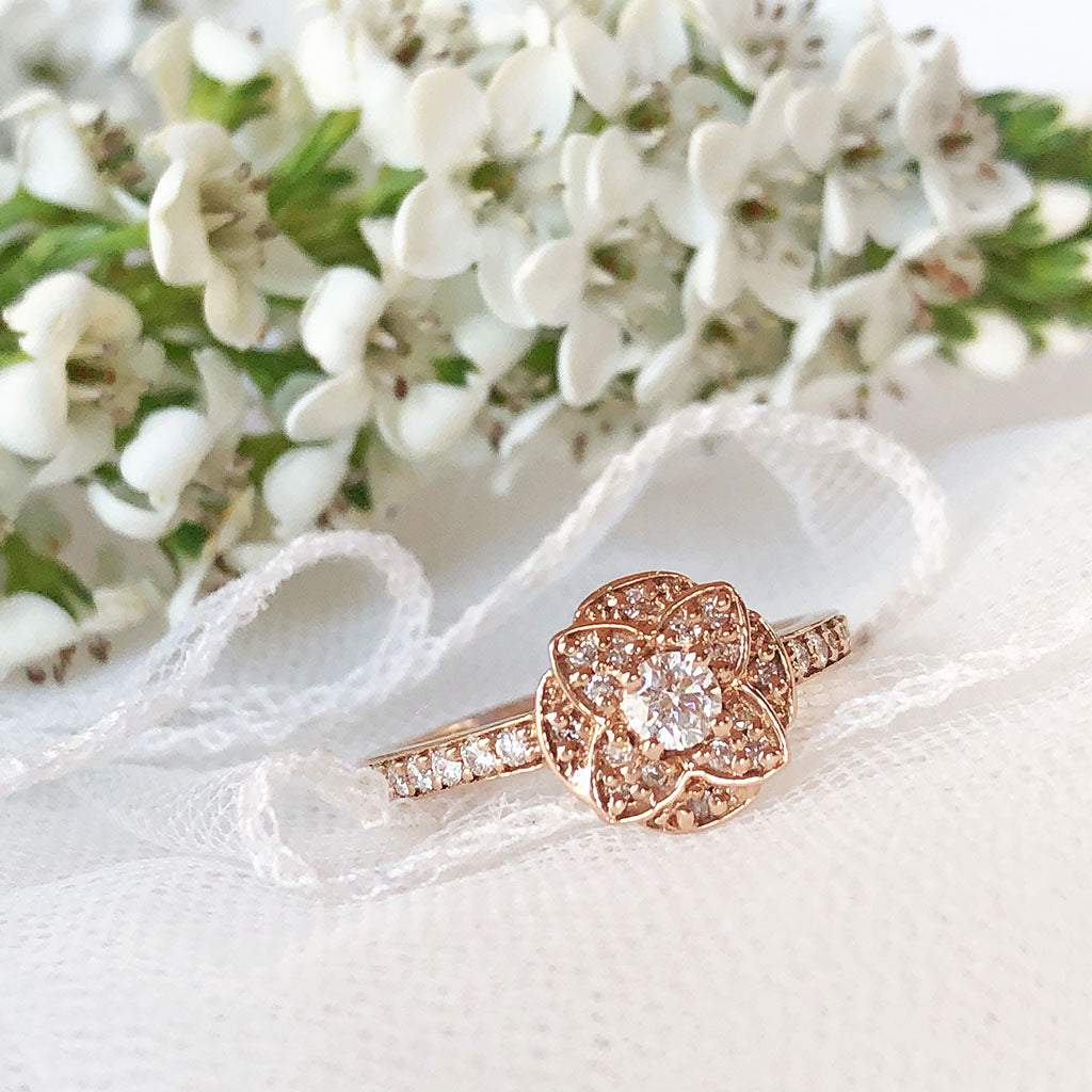 Floral Cluster Rose Gold Diamond and half Eternity Wedding Set