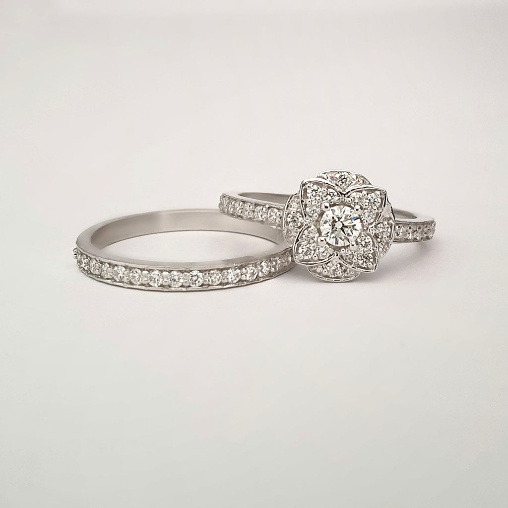 Floral Cluster White Gold Diamond and Half Eternity Wedding Set