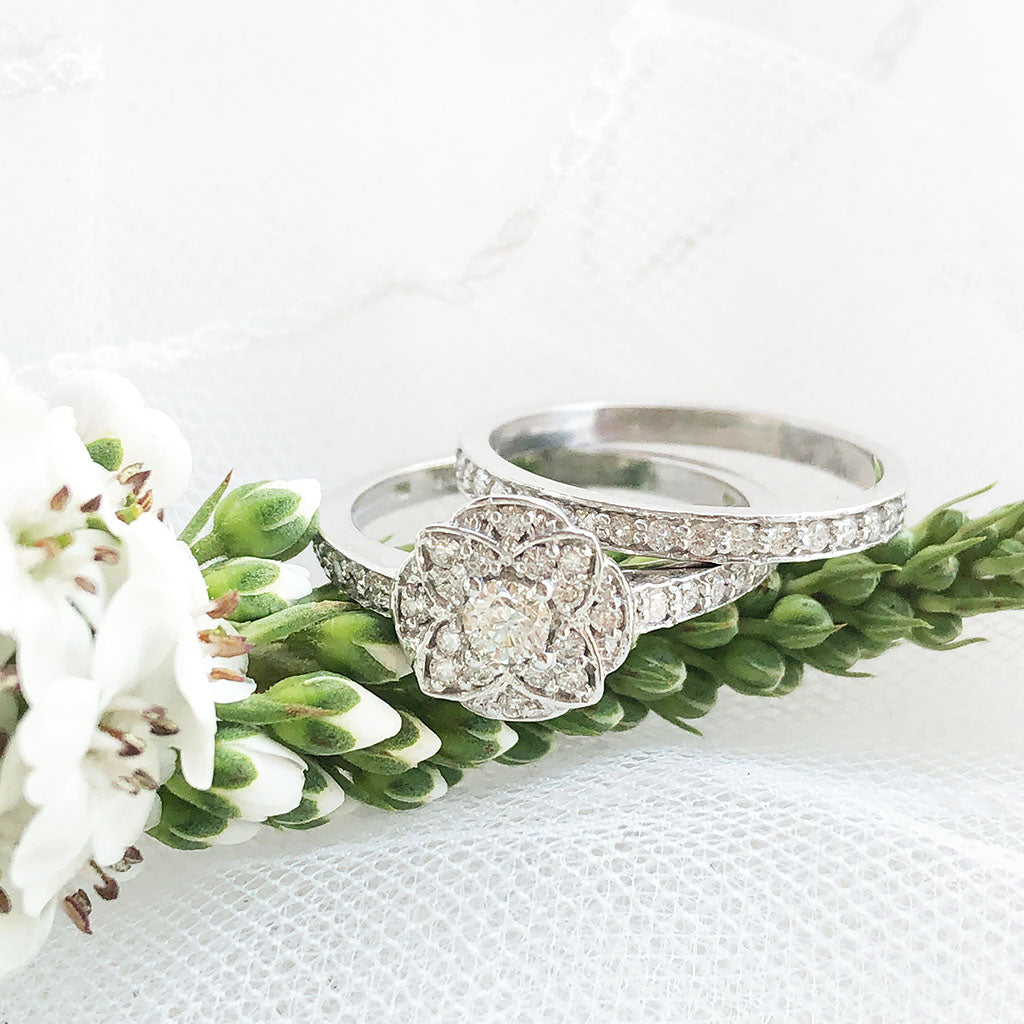 Floral Cluster White Gold Diamond and Half Eternity Wedding Set