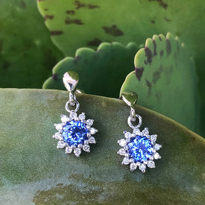 Floral Diamond Halo Tanzanite Drop Earrings