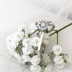 Floral Square Diamond Cluster and White Gold Band Wedding Set
