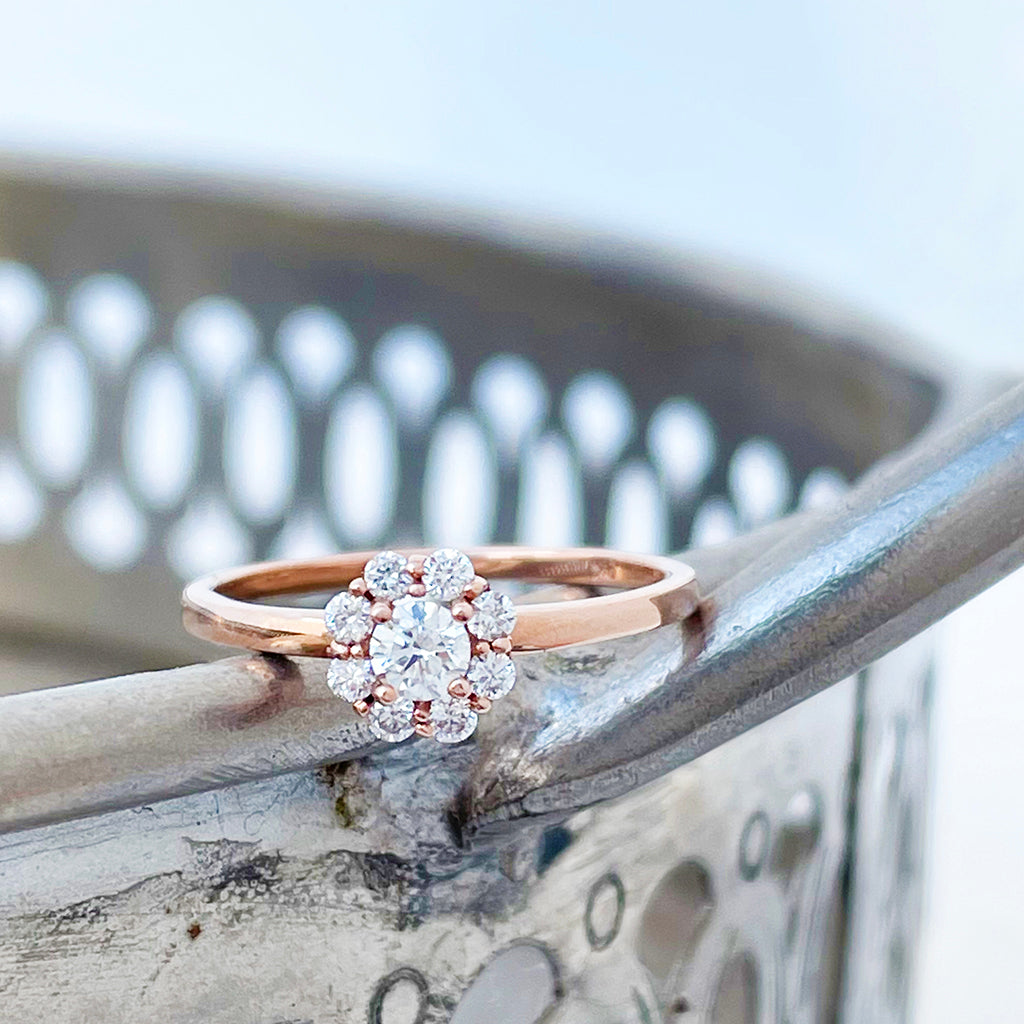 Unique Moissanite Vintage Rose Gold Round Halo Engagement Rings -  AmandaFineJewelry