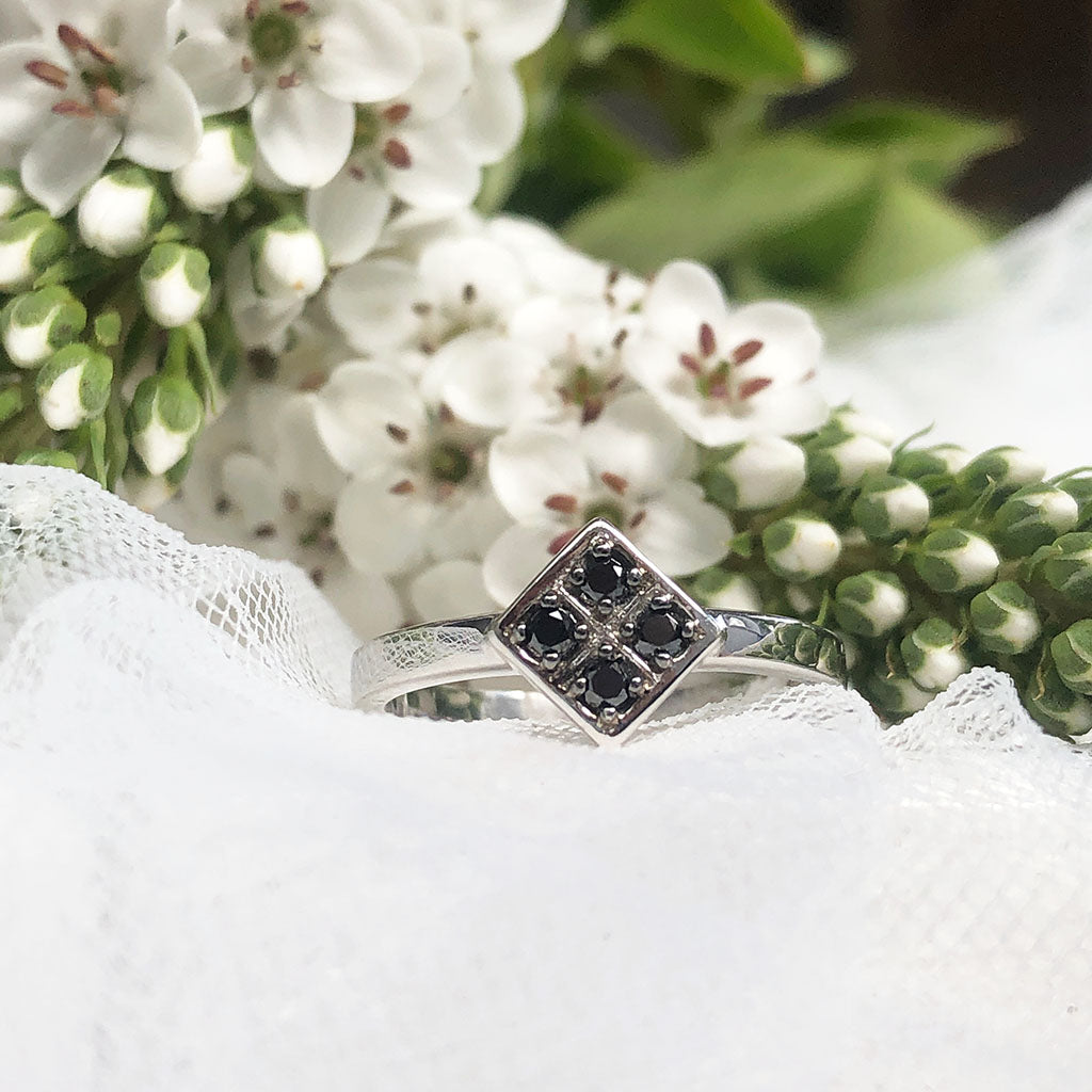 Four Black Diamond Square Engagement ring with White Diamond V-Pointed Wedding Band Set