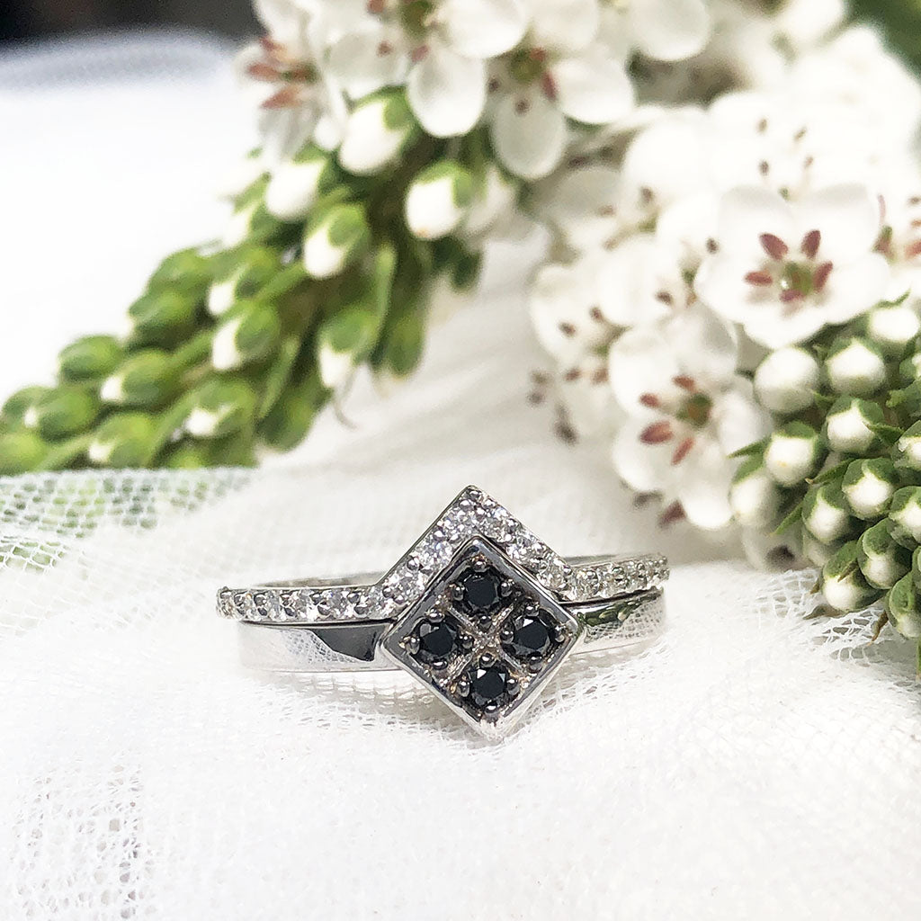 Four Black Diamond Square Engagement ring with White Diamond V-Pointed Wedding Band Set