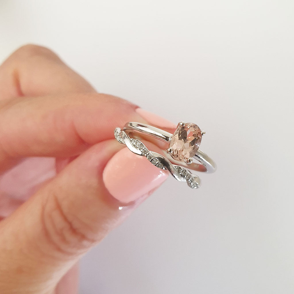 Four Claw Oval Morganite and Braided Diamond band Wedding Set