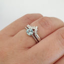 Four Claw Round Aquamarine and Seven Diamond Crown Wedding band Set