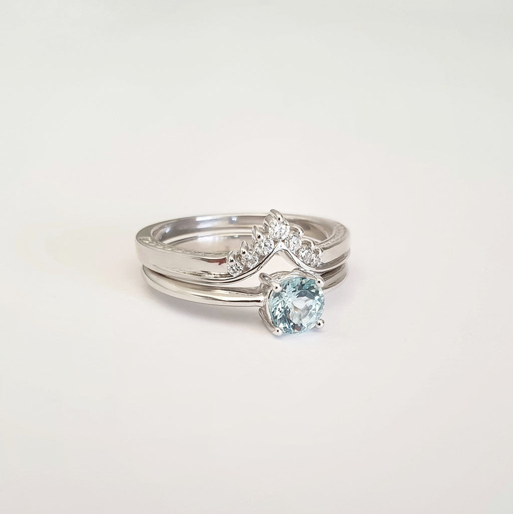 Four Claw Round Aquamarine and Seven Diamond Crown Wedding band Set