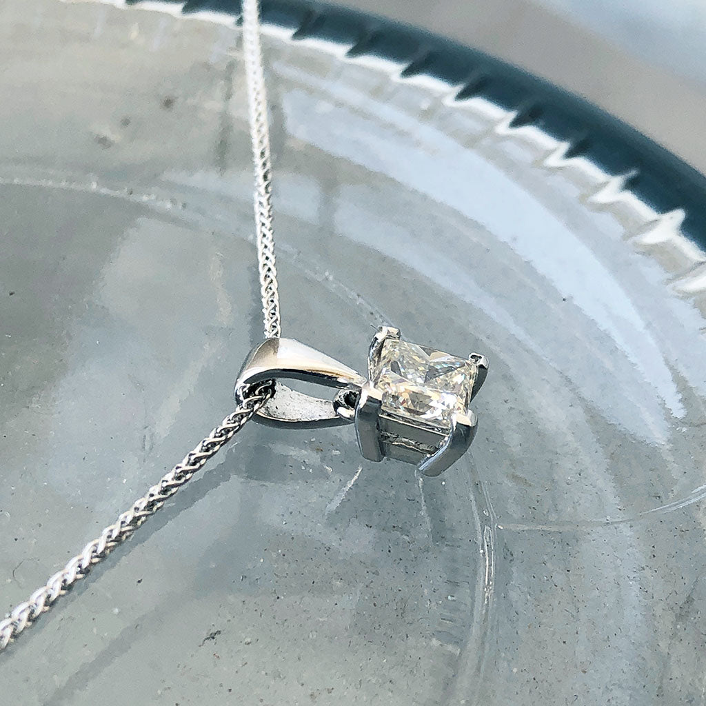 Handcrafted Four Claw Princess Cut Solitaire Diamond Pendant