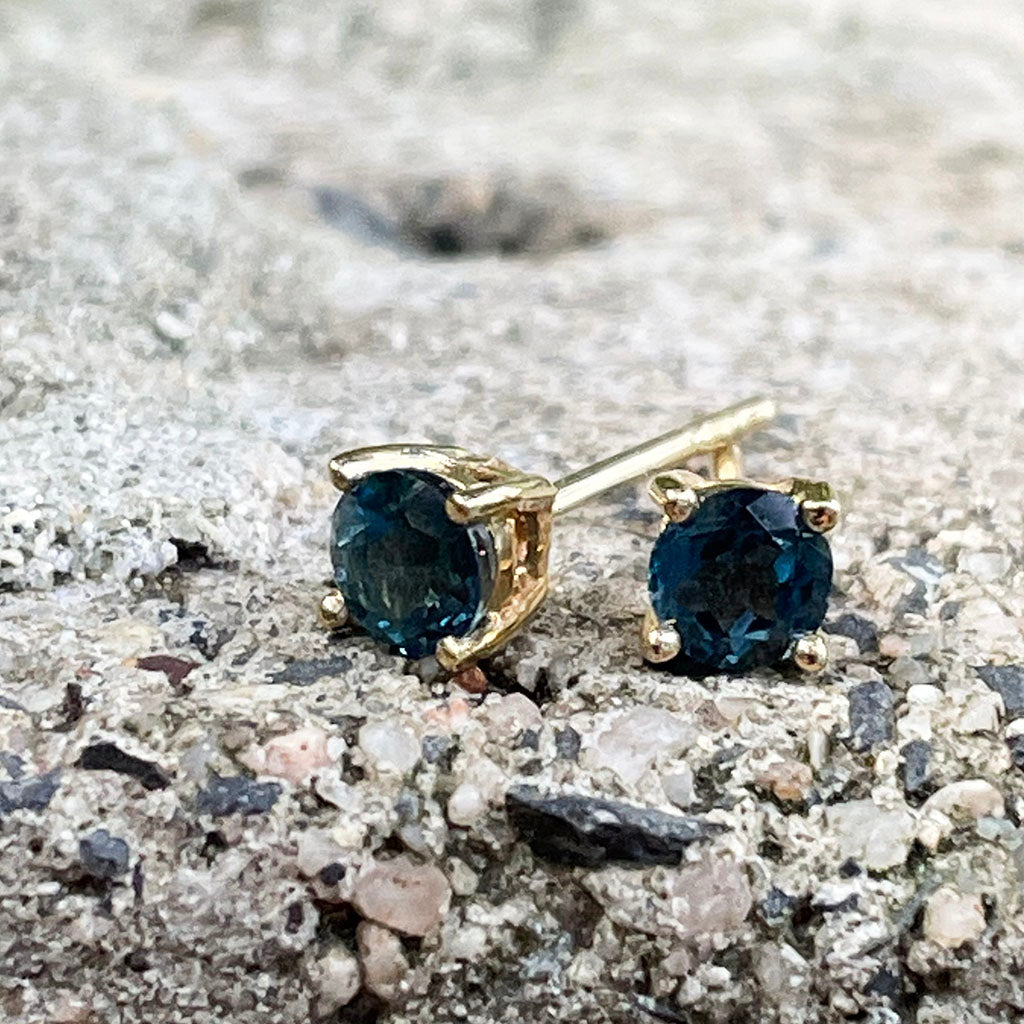 Four Claw Yellow Gold London Blue Topaz Earrings