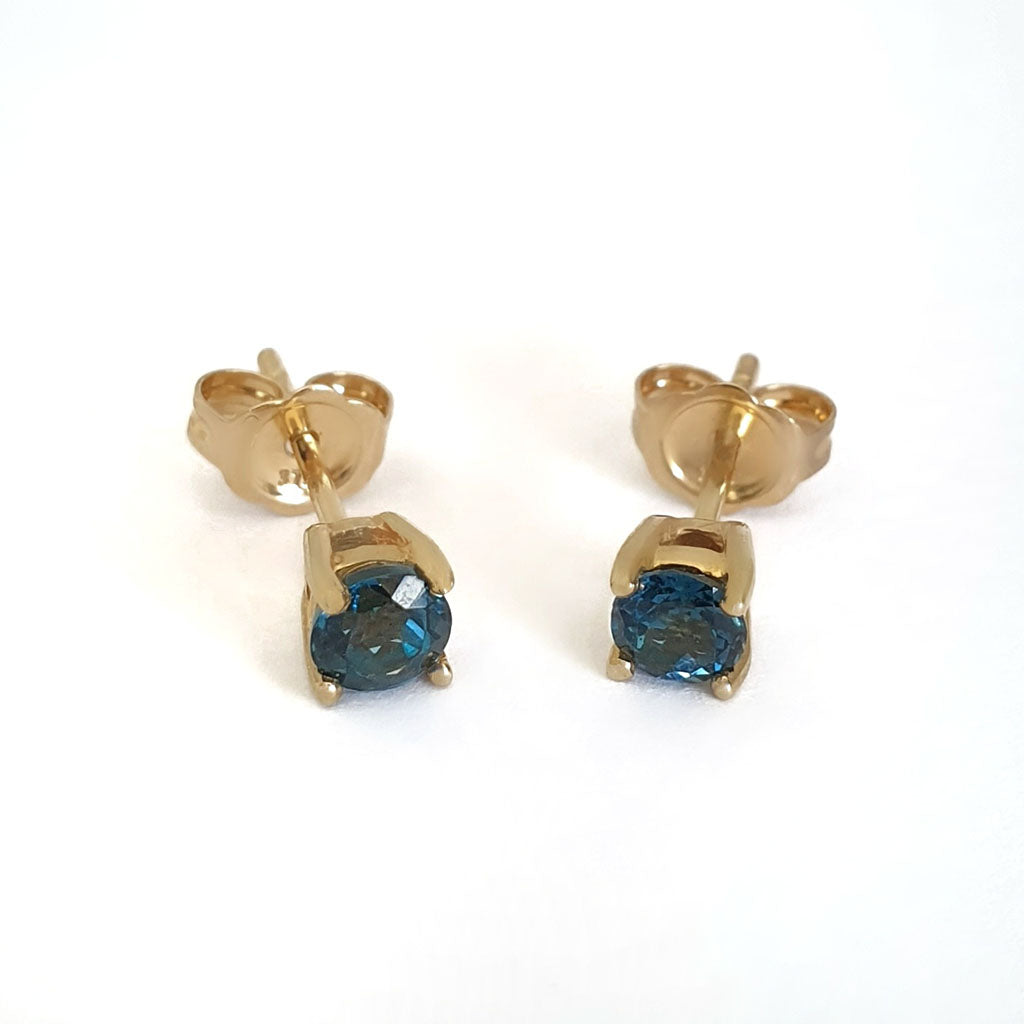 Four Claw Yellow Gold Blue Topaz Earrings