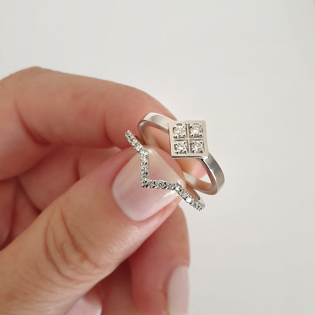 Four White Diamond Square Engagement ring with Diamond V-Pointed Wedding Band Set