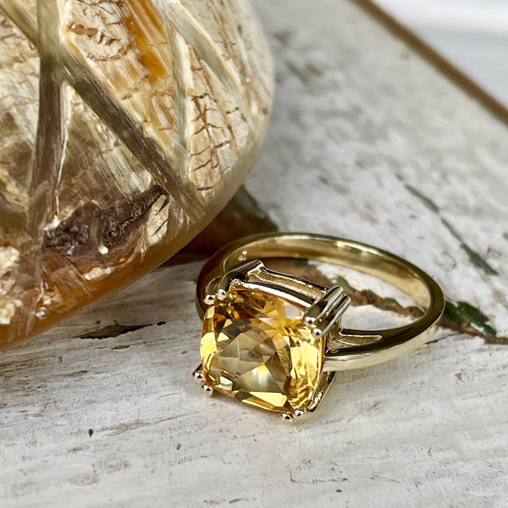 Ultimate Glam Cushion Cut Citrine Double Claw Yellow Gold Ring