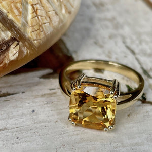 Ultimate Glam Cushion Cut Citrine Double Claw Yellow Gold Ring